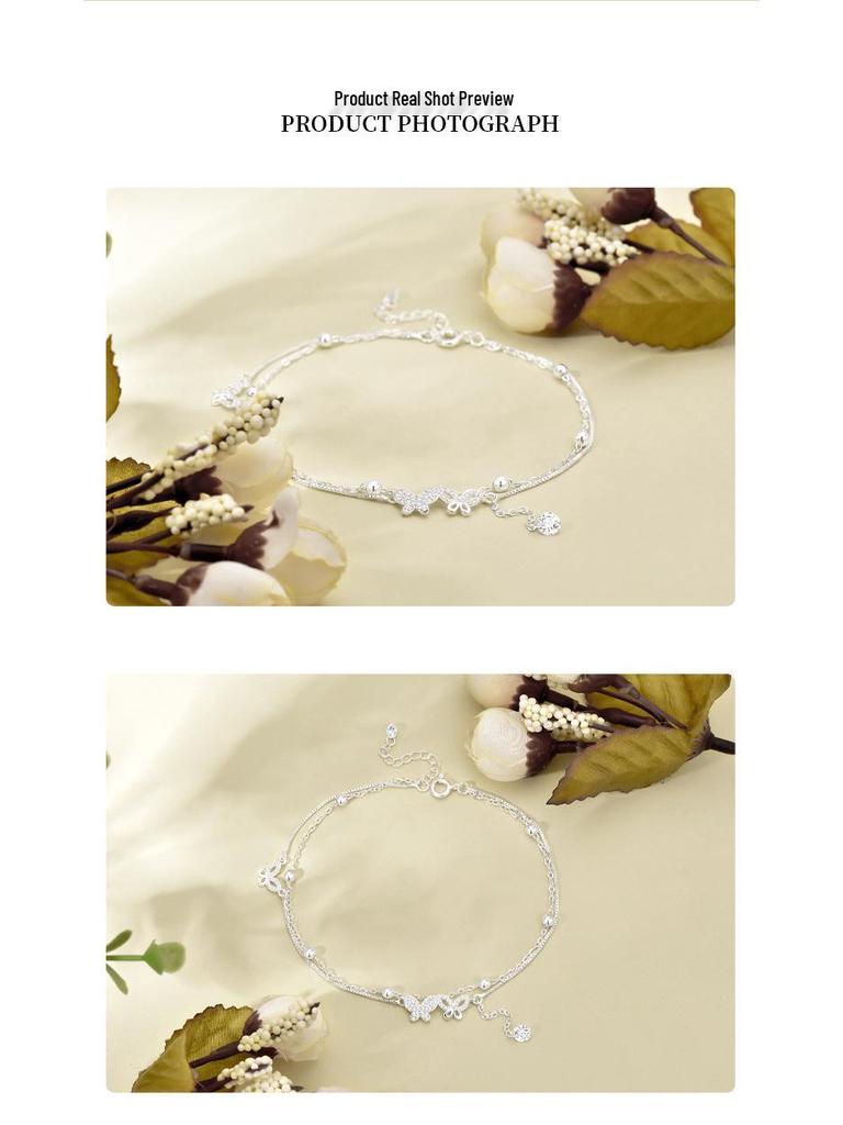 Korean Fashion Double Layer Butterfly Tassel Anklet - Versatile 925 Silver Women's Style