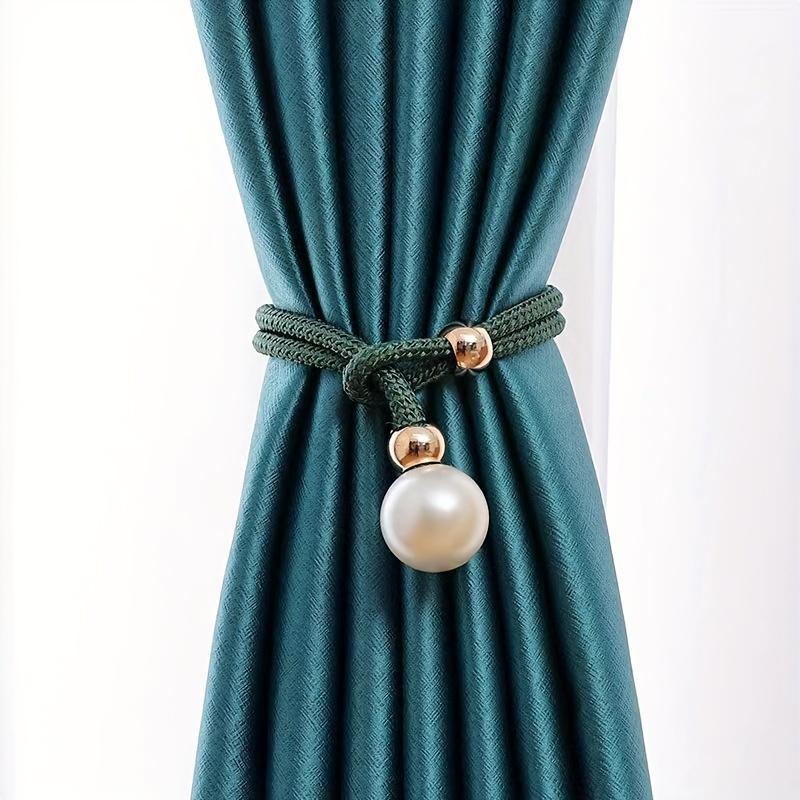 2 Stück Deluxe Französische Raffhalter mit glänzenden Kunstperlen-Akzenten - Elegantes Polyester, kein Bohren, verstellbare Kordel für exquisite Heimdekoration