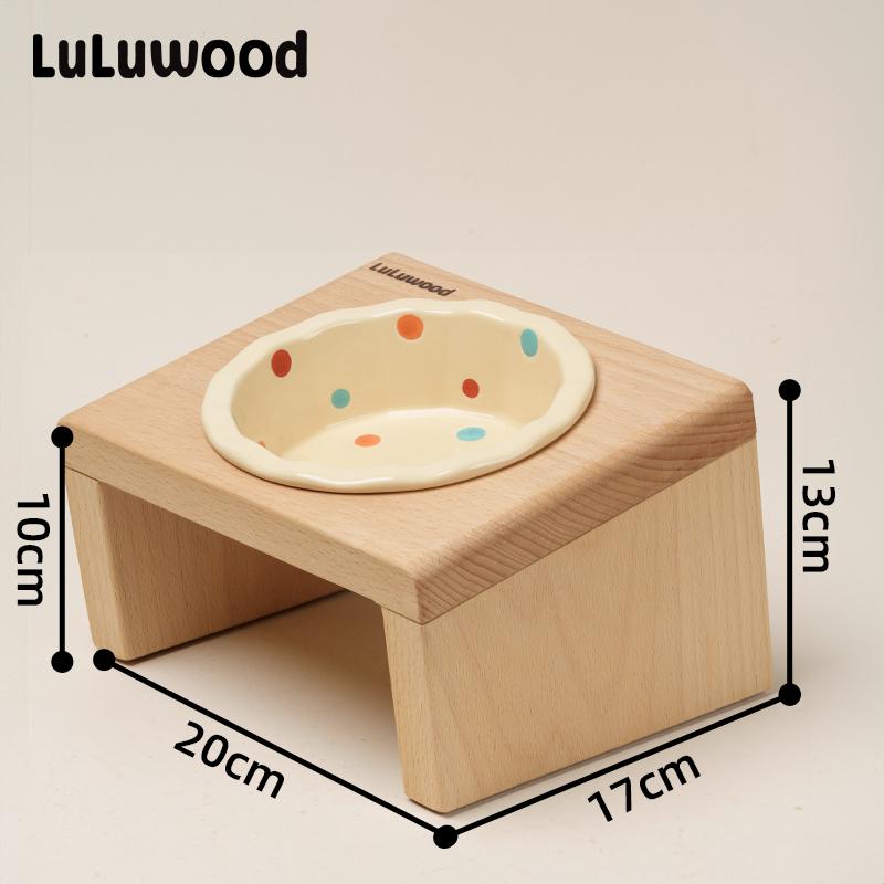 

Beech Wood Ceramic Pet Bowl Elevated Neck Protection Anti Spill Food Water Dish for Small Dogs Cats