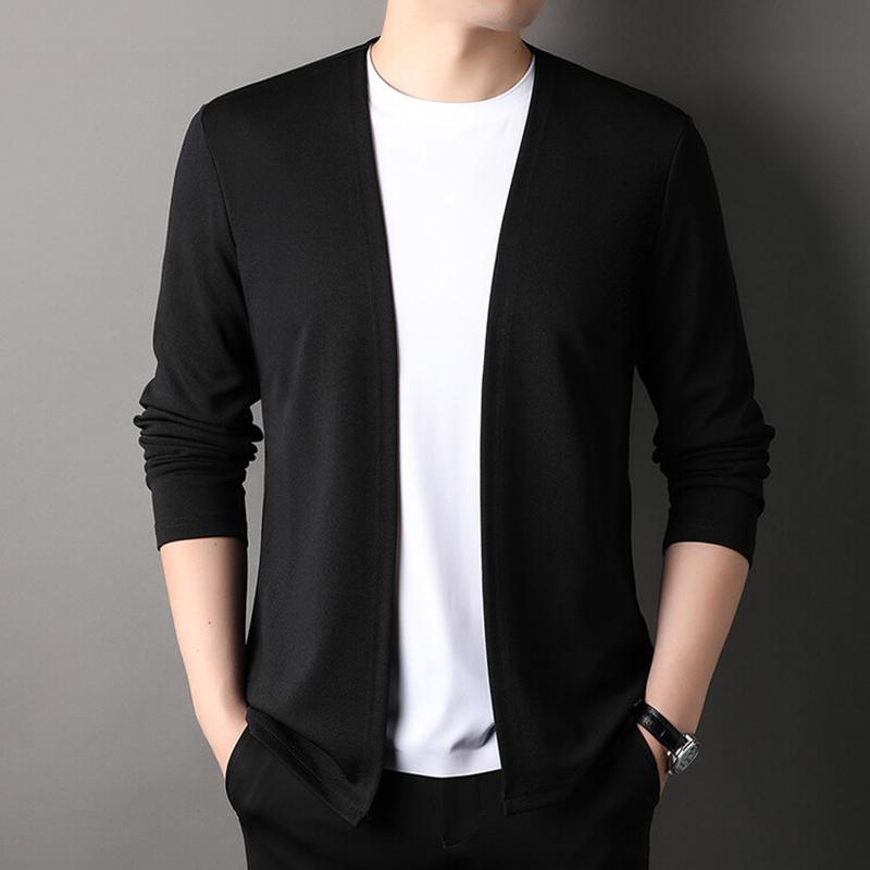 Slim Fit Cardigan for Men, Thin Spring and Autumn Outerwear, Long Sleeve Casual Trendy Versatile Pure Color Slim Fit Autumn