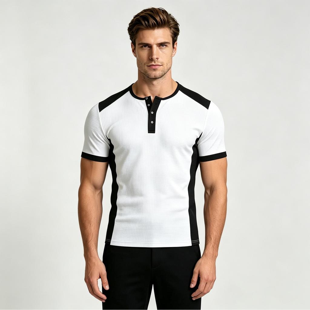 Men's Color Block Half Button Short Sleeve T-Shirt for Summer Casual Athletic Wear