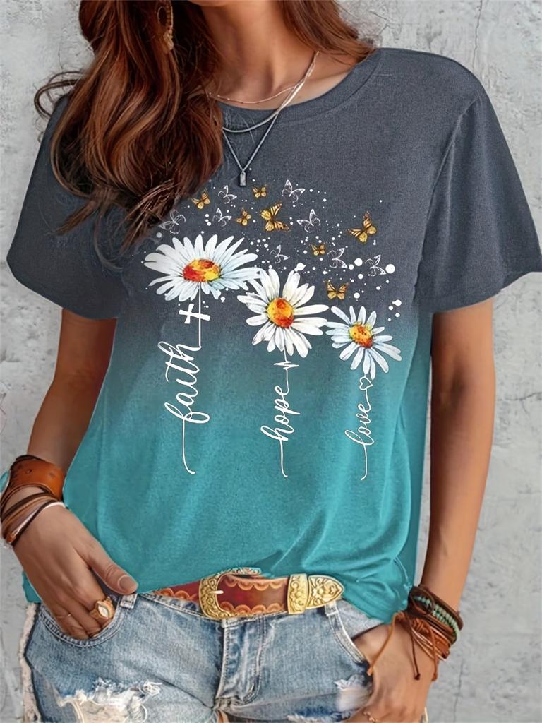 Plus-size casual T-shirt, women's short-sleeved crewneck slightly stretchy T-shirt with gradient daisy and butterfly prints