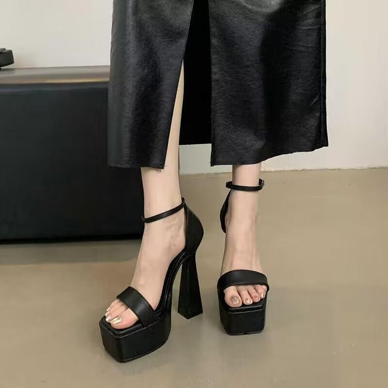 15Cm Thick Heel Waterproof Table Square Head One-word Buckle with High Heel Sandals Nightclub Sexy Catwalk Performance Shoes 2025 Summer