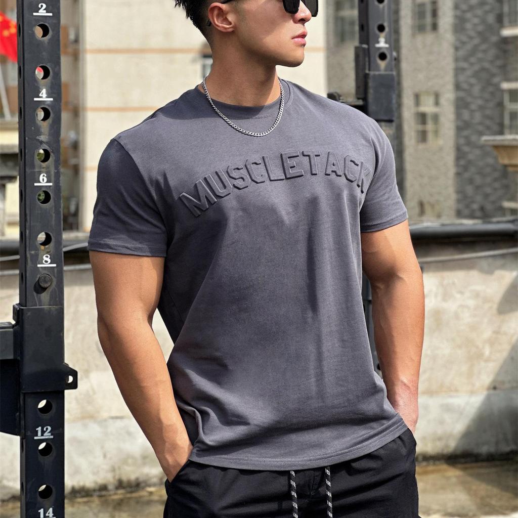 Herren Sport-T-Shirt mit geprägtem Stahlstempel und eng anliegenden Bündchen - Schweres Kurzarm-T-Shirt für Laufen, Fitness, Gewichtheben