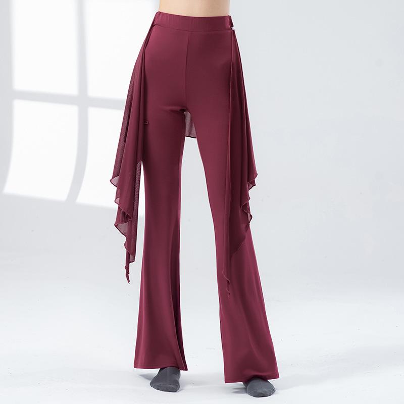 Modern Dance Pant Women Long Microflared Latin Trousers Mesh Wrap Skirt Classical Practice Costume Stage Line Dancewear Female