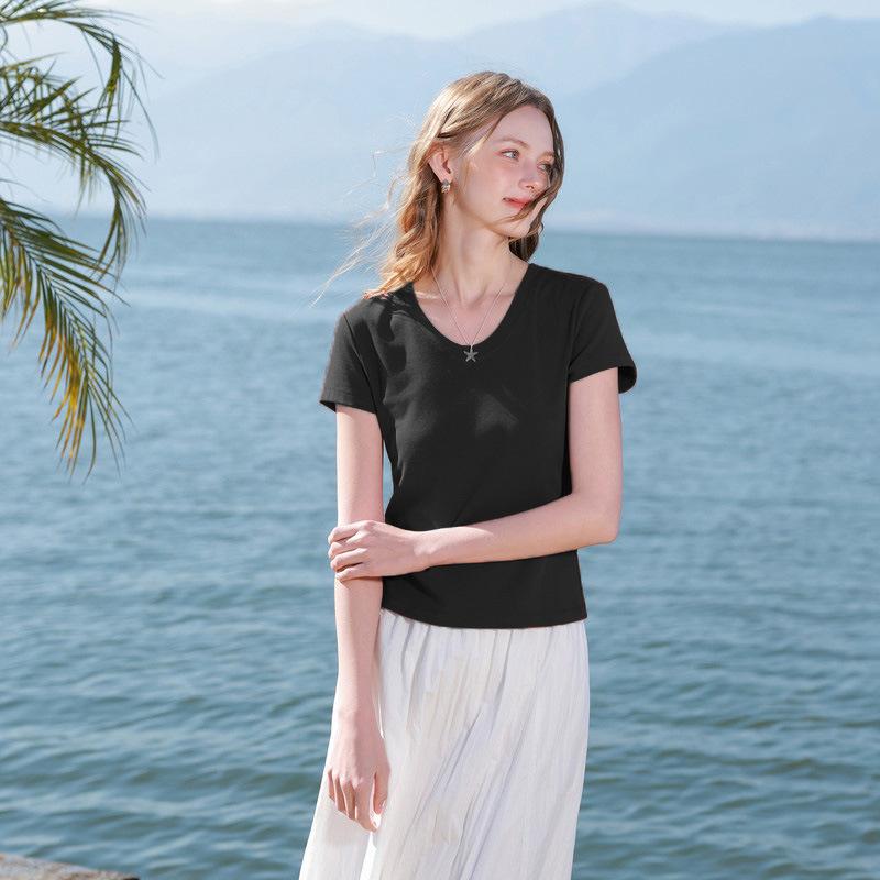 

European and American careful machine V-neck white short-sleeved T-shirt women, summer new Korean slim-fitting and thin top XL