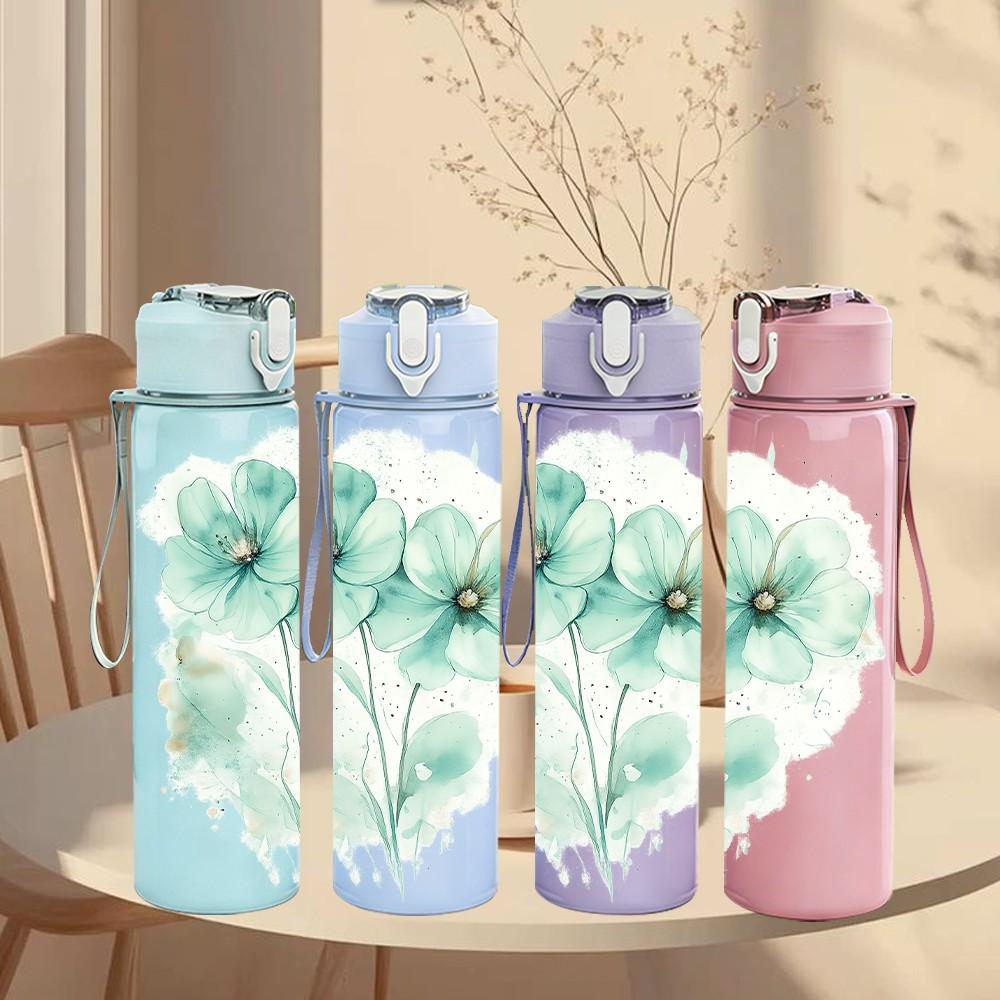 1PC Light Green Flower Watercolor Print 750ml Color Plastic Sports Water Bottle Leakproof Flip Straw Lid Suitable for Sports Office Home Use