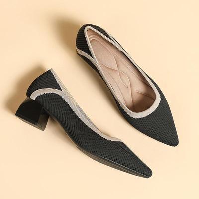 Women's Plus Size Thick Heels Knitted Simple Shoes Casual Pointed Toe Work Single Shoes Solid Color 34-43