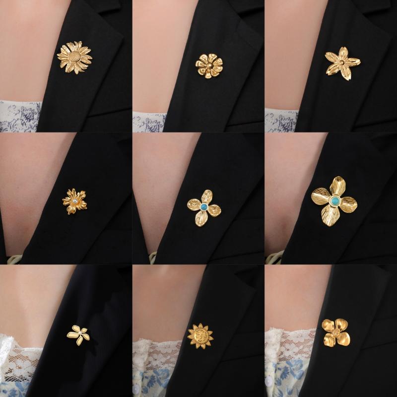 Womens Jewelry Four Petal Flower Brooch French Style Stainless Steel Gold Color Trendy Pin for Wedding Office Gift