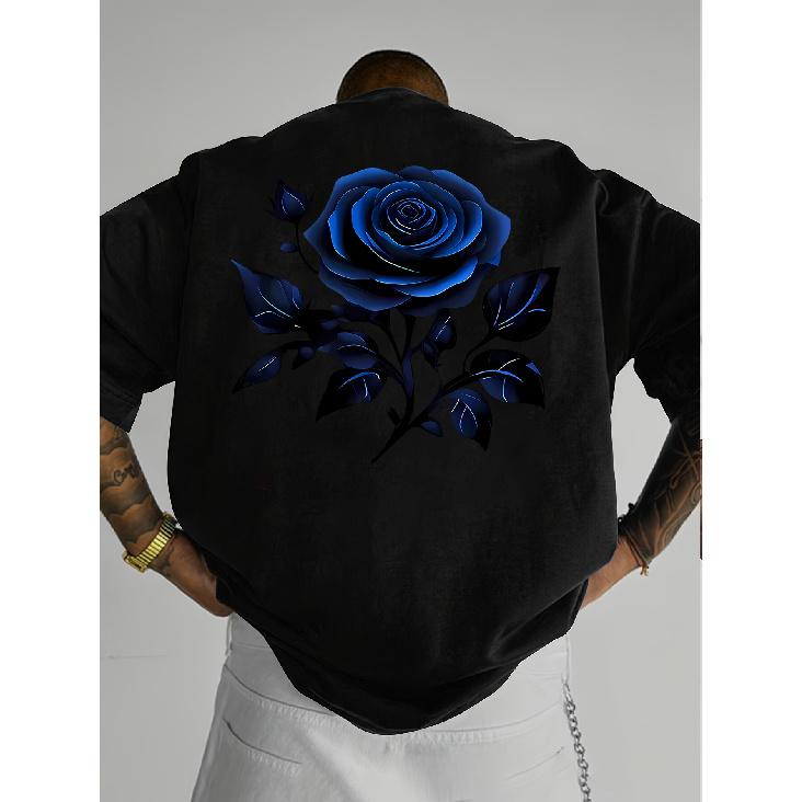 Men'S Blue Rose Print Short-Sleeve T-Shirt - Casual Round Neck Regular Fit Suitable For Daily Streetwear, Machine Washable Year-Round Comfortable