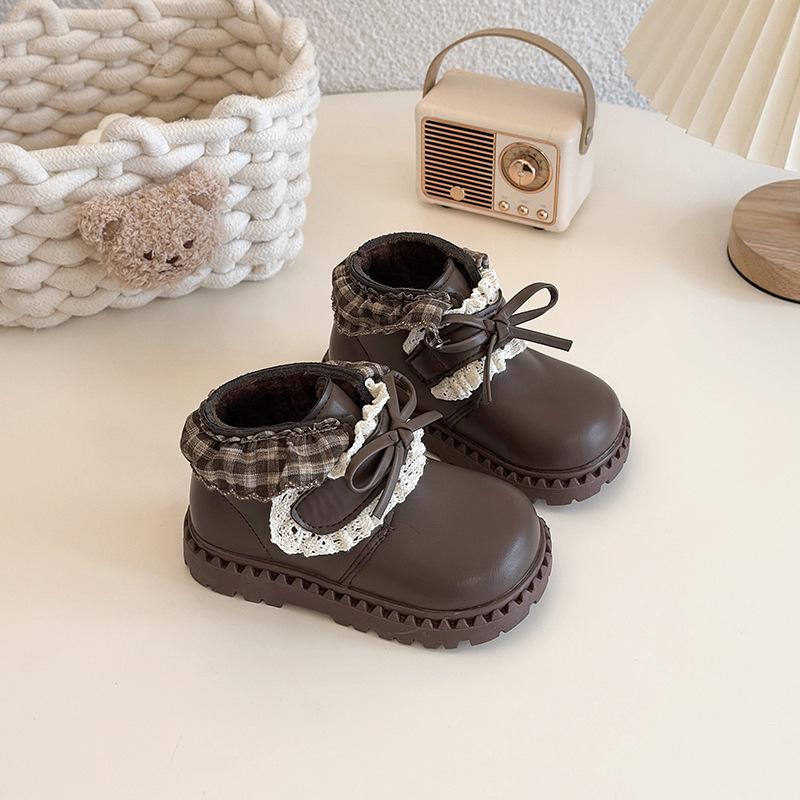 Kore Retro Kız Çocuk Siyah Kışlık Deri Ayakkabı 2025: Lolita Bebek Fiyonklu Pamuklu Kısa Botlar