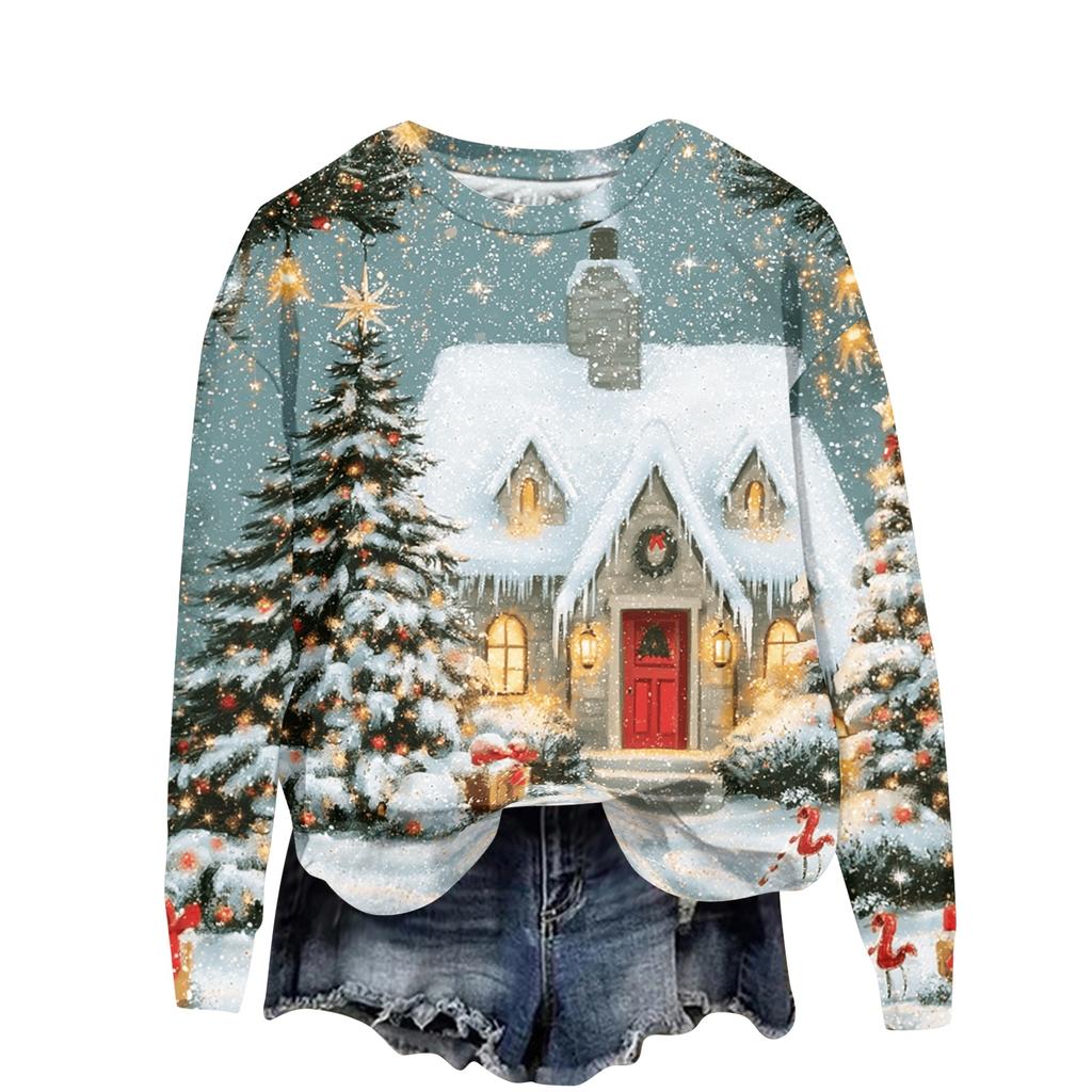 Women's Casual Long Sleeve Christmas Print Neck Pullover Sweatshirt Top
