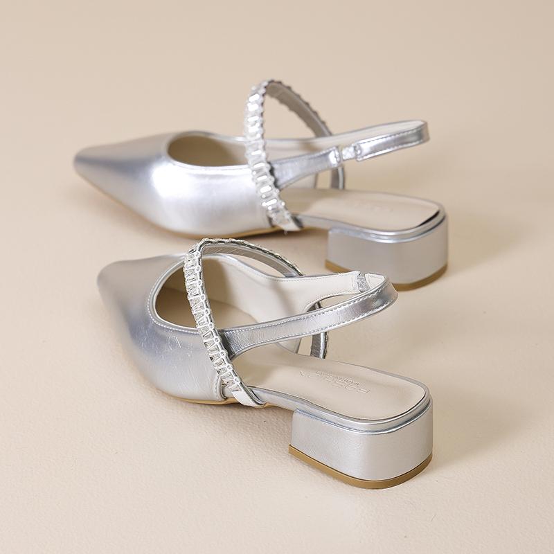 Fashion One-word Rhinestone Sandals for Women 2025 Summer New Baotou Half-drag Block Heel Shoes Pointed Toe Single Shoes for Women