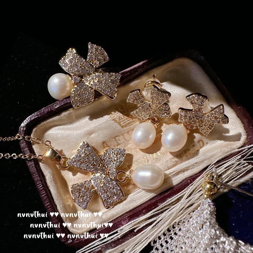 Mermaid Tears, Bow Jewel Pearl, Necklace, Tahitian, South Ocean Pearl, Butterfly Zircon Earrings, Set