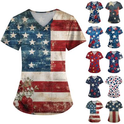 Women's Fashion V-Neck Short Sleeve Overalls With Pockets Independence Day Printed Tops  Clothes