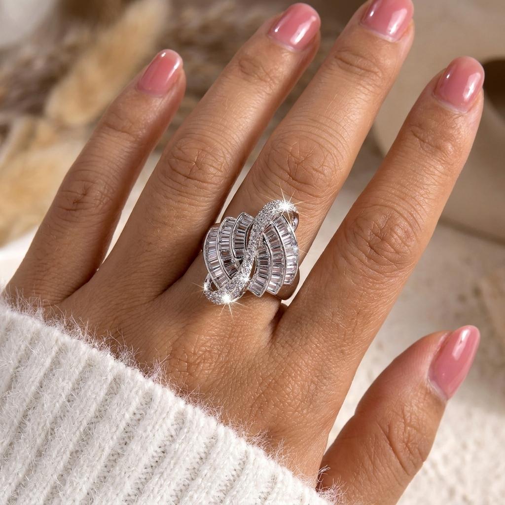Bold Geometric Asymmetric Cubic Zirconia Copper Ring for Women Modern Abstract Edgy Statement Finger Jewelry