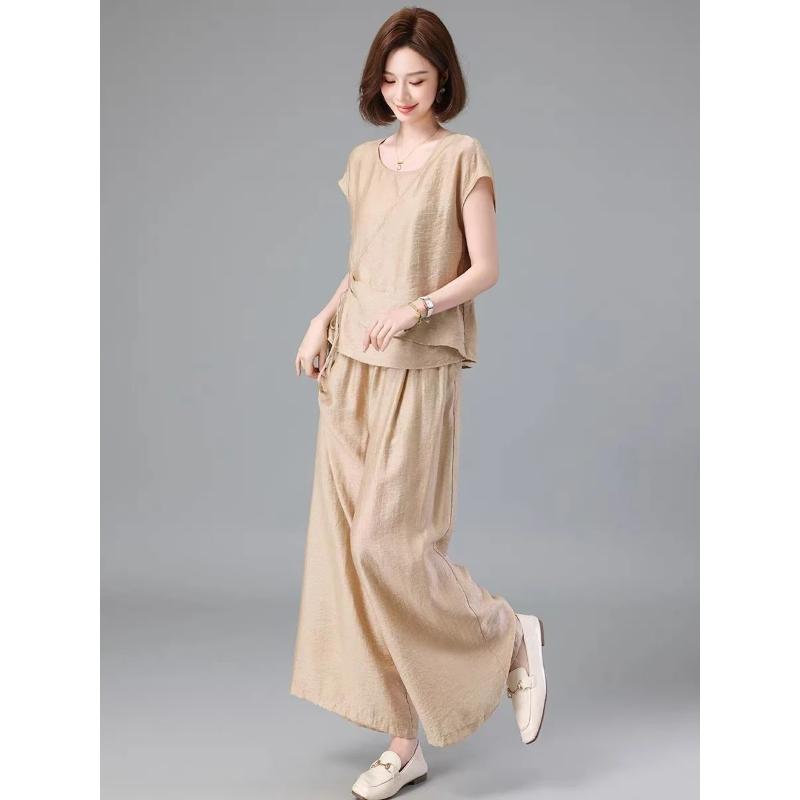 Faionable Summer Agel Loose Commute Simple Set Ele Senior Women's Cotton Long Pants ort Sve Two-Piece Suit