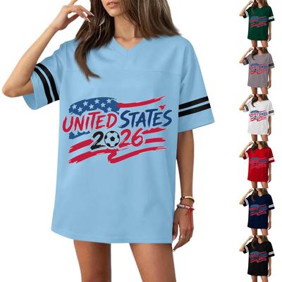 Women’s Casual V Neck Short Sleeve Soccer Jersey Top with States Flag and 2026 Football Graphic Print for Sports and Wear