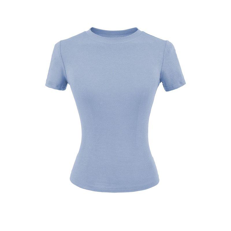 

2025 Hot Girl Ribbed Tight-Fitting Short-Sleeve T-Shirt for Women, Summer Slim Fit Round Neck Solid Color Stretchy Sports Top, Cross-Border Ocean Blue M