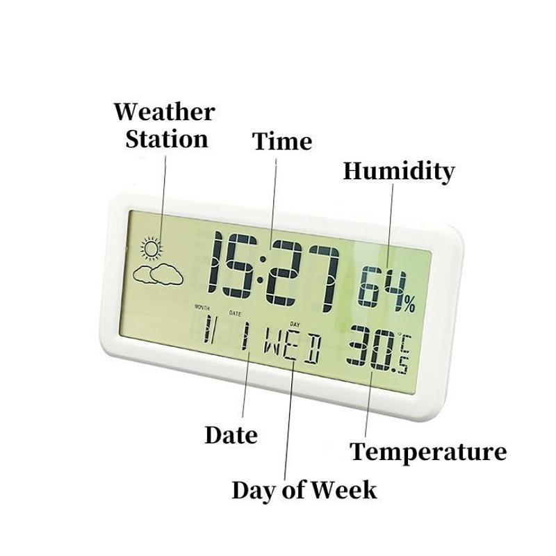 Battery Powered Digital Alarm Clock TEMP Humidity Date Week Weather Station Snooze Table Clock 12/24H Wall-mounted LCD Clock