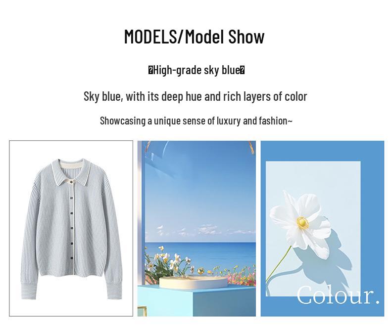 Women's Pure Cashmere Stripe Knit Polo Collar Cardigan Sweater - Autumn/Winter Long Sleeve