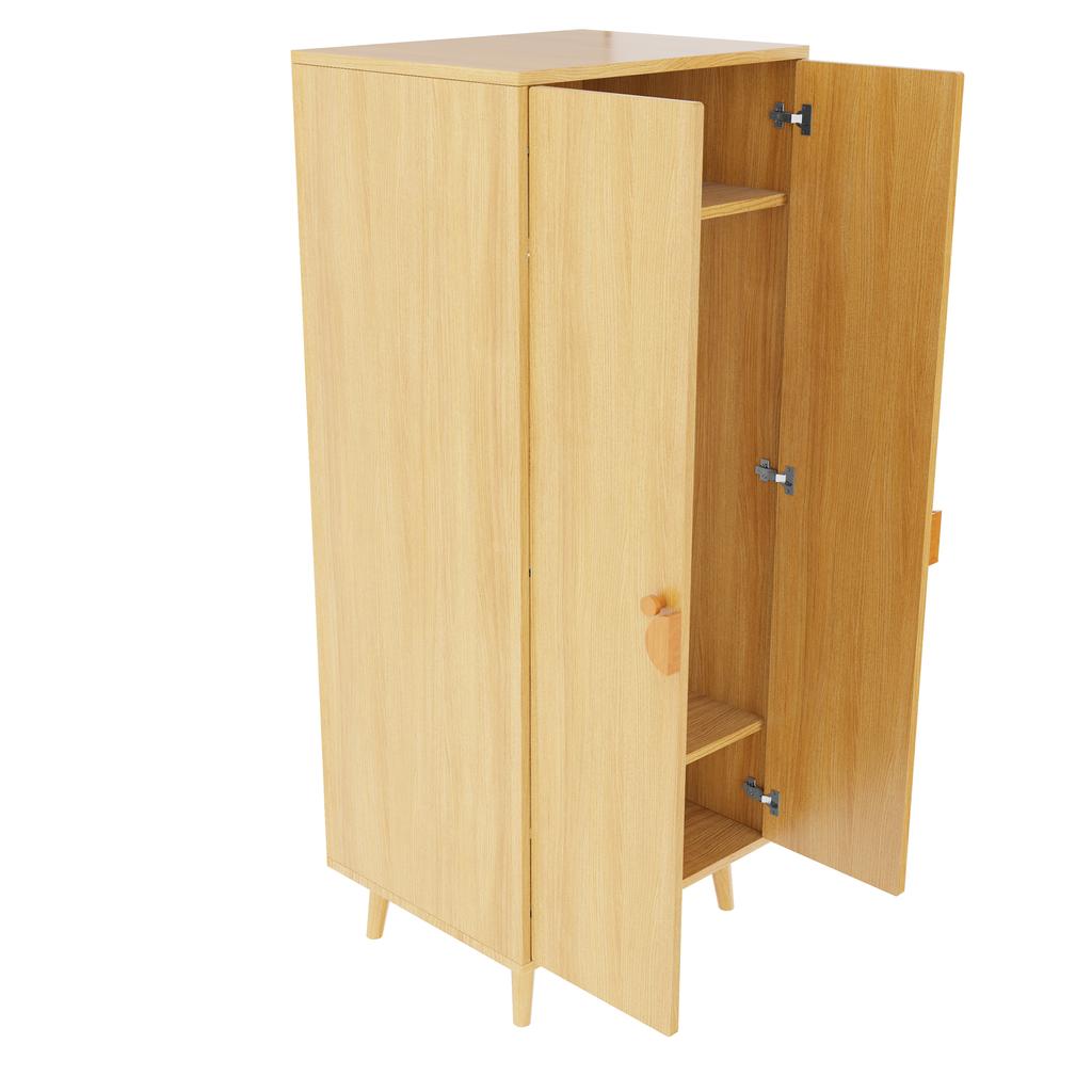 Kleiderschrank (Einzelstück 70 × 55 × 170 cm), Doppeltürdesign mit großen Staufächern, griffförmige Cartoon-Griffe und erhöhte Füße, Holzfarbe