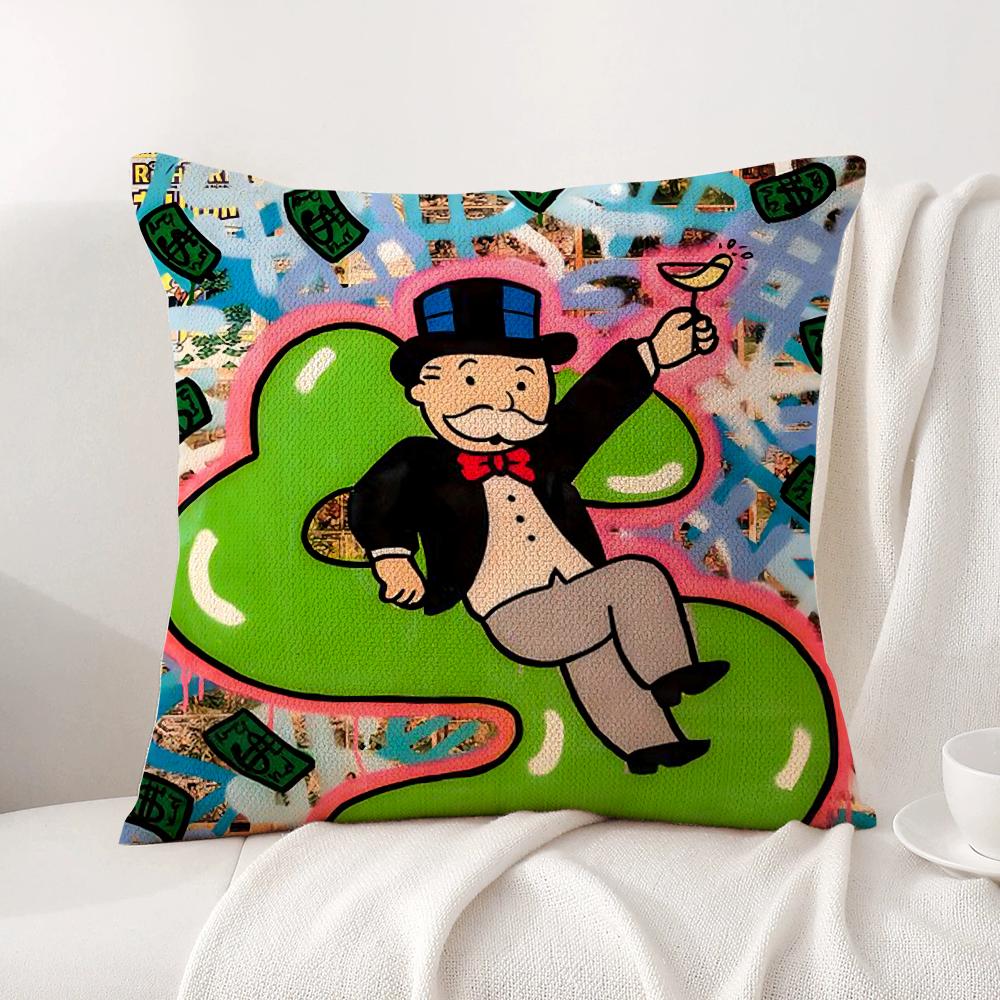 Cartoon M-Monopoly Cushion Cover Summer Coolness Linen Fabric Double-Sided Printing Pillow Case Sofa Home Decor Gift
