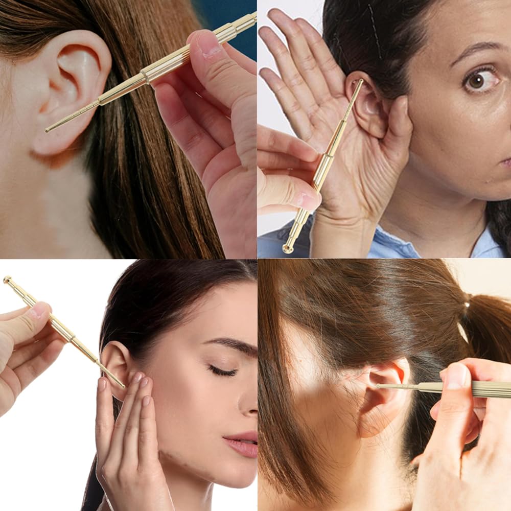 Face Gold Brass Ear Acupressure Rounded Face Myofascial Release Massager, Spring-Operated Stick, Knock-Type Spring, Tip, Positioning, Massage,