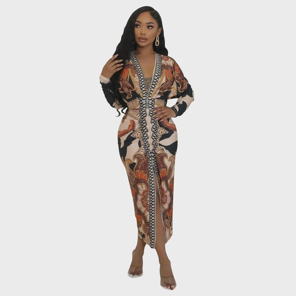 10798 European and American Women's Plus Size V-Neck Long Sleeve Slit Dress with Colorful Print