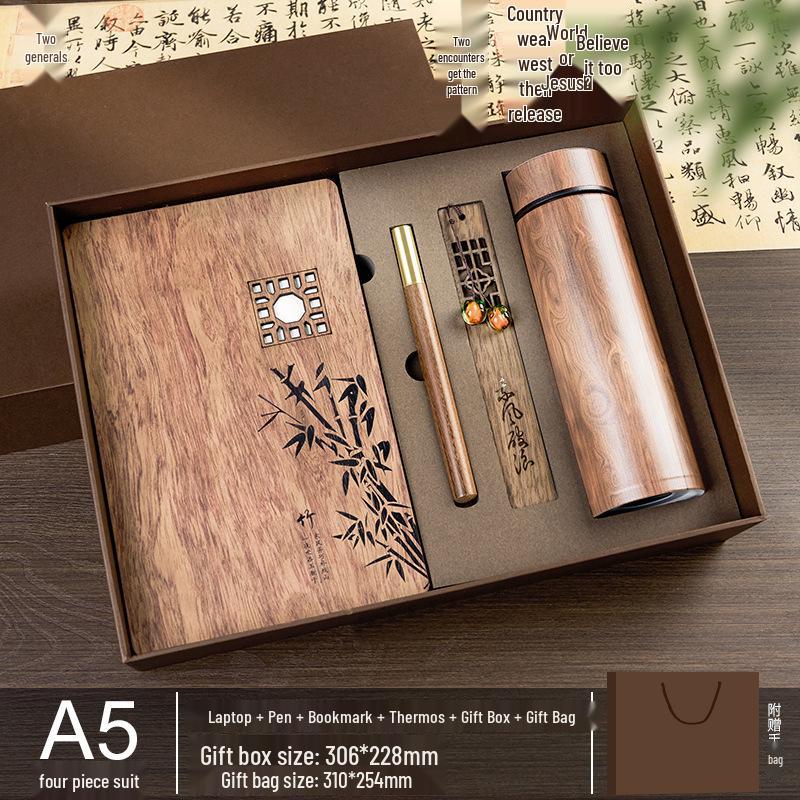 Custom Wooden Notebook & Thermos Gift Set: Plum, Orchid, Bamboo, Chrysanthemum Designs for Teachers & Clients, Perfect for Graduation Season