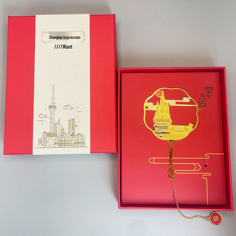 Shanghai Scenic Souvenir: Pearl Tower, The Bund & Jing'an Temple Gold Engraved Bookmark