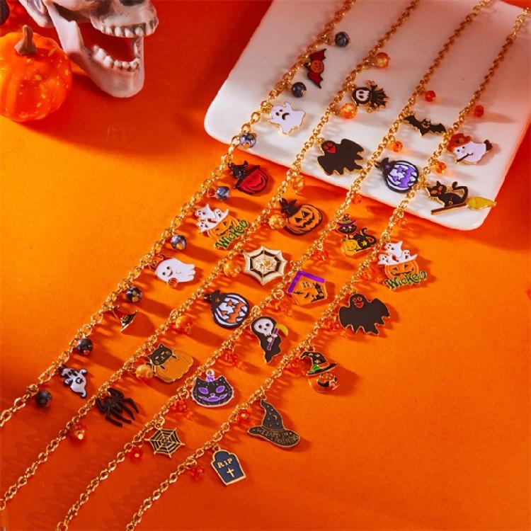 Halloween-Themen-Halskette mit Katzen-Kürbis-Anhänger, bequeme Legierung, verstellbar, Party-Schmuck