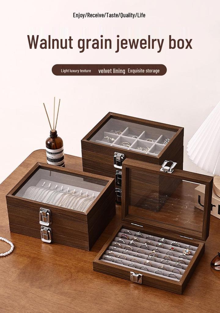 Compact Walnut Jewelry Box for Earrings, Rings, Necklaces, and Bracelets - with Lid and Display Case