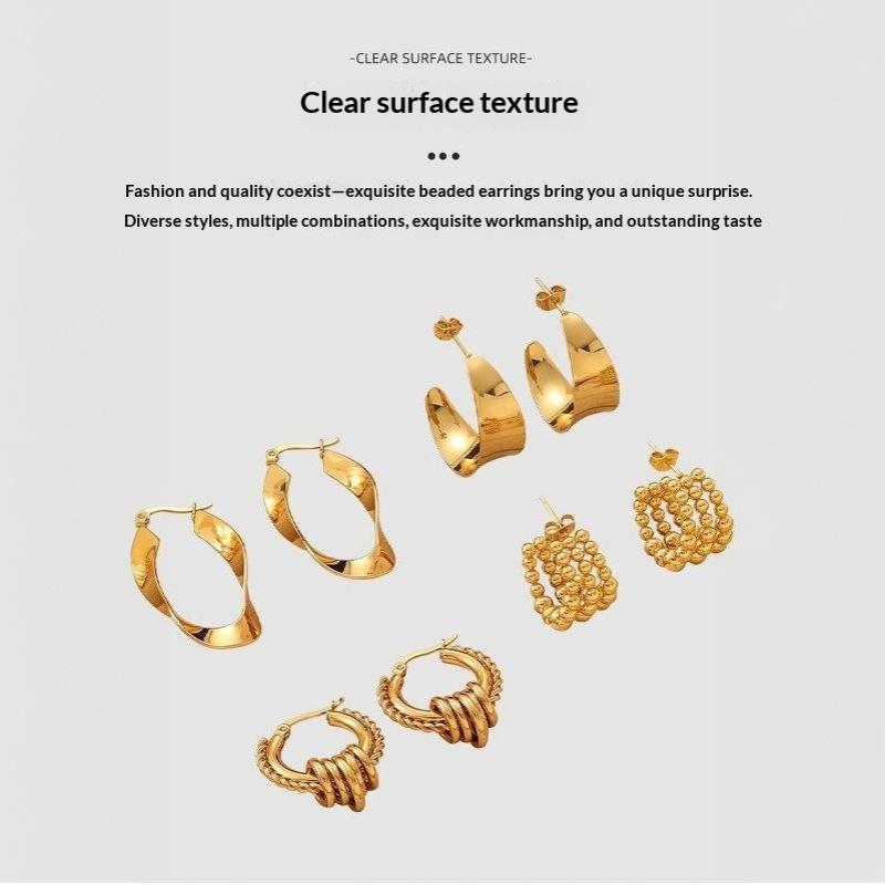 Stainless Steel Gold Color Hoop Earrings Retro Geometric Twisted Beaded C Shape Earring Jewelry For Women Daily Party Decor