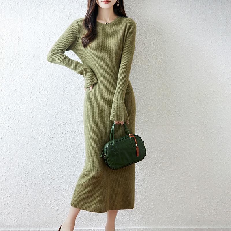 Elegant Women's Round Neck Slim Fit Wool Knit Dress