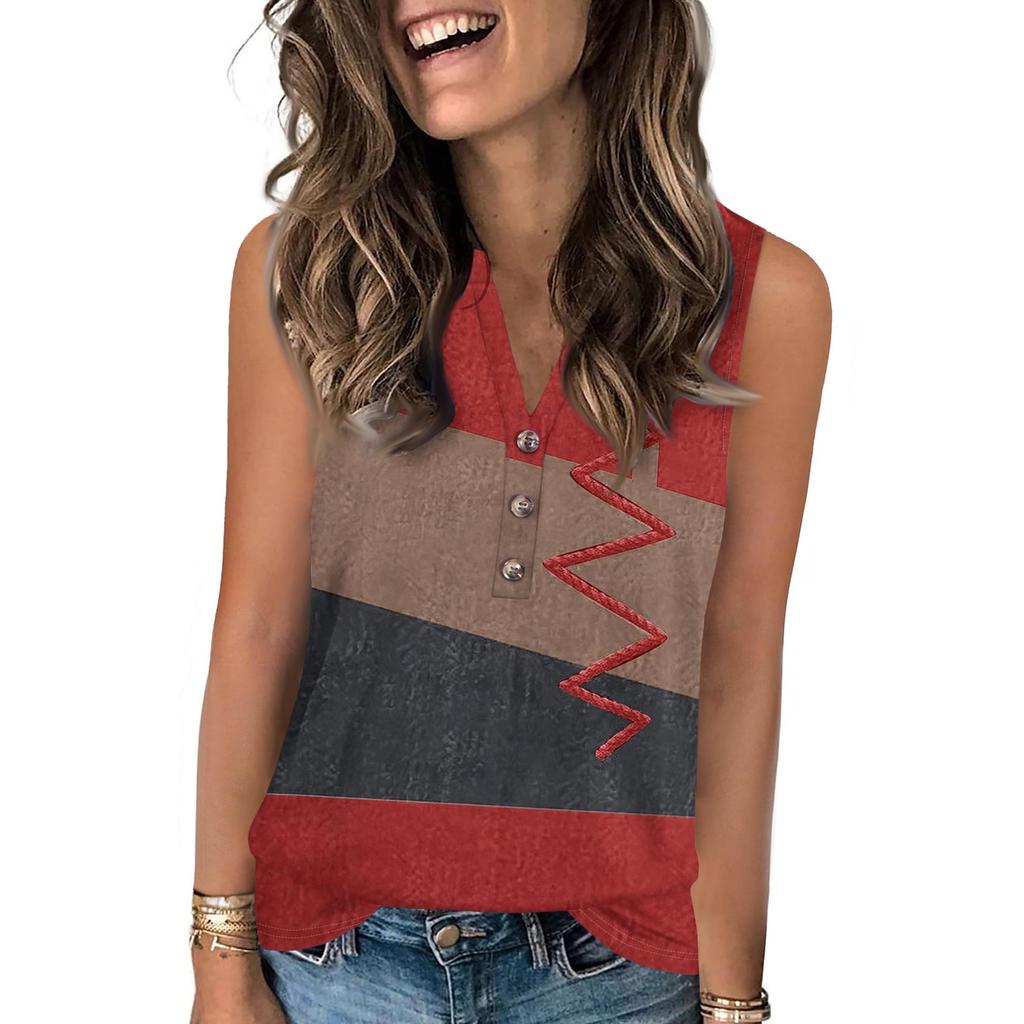 Women's Casual Fashion Summer Color Block Stitched Print Tank Top V-neck Sleeveless Button Top