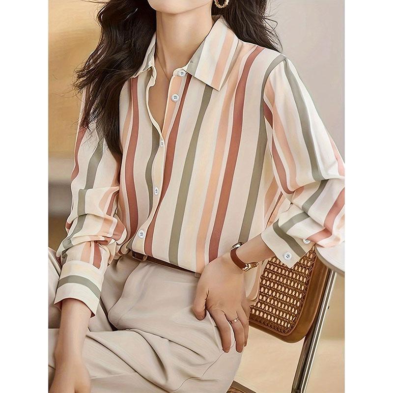 Elegant Chic Office Lady Turn Down Collar Shirt Simple Temperament Contrast Color Striped Shirts Long Sleeve Chiffon Blouses