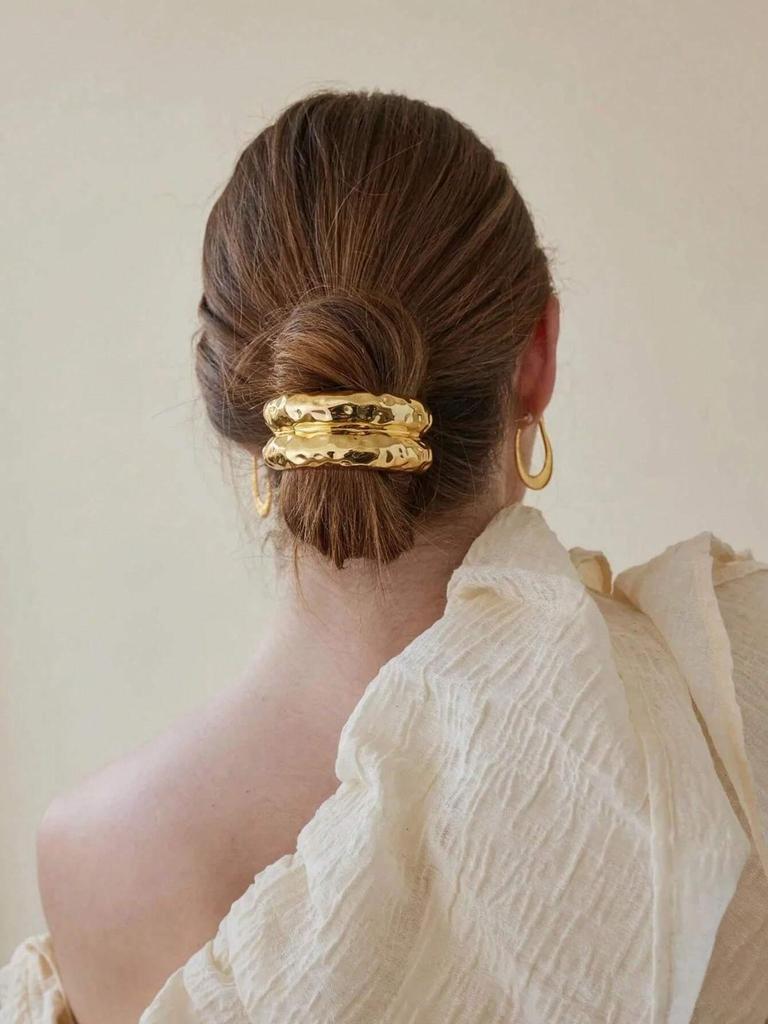 Uworld Irregular Golden Stainless Steel Hammered Double Arch Pony for Women Gold Color Band Daily Jewelry Hair Accessories Gift