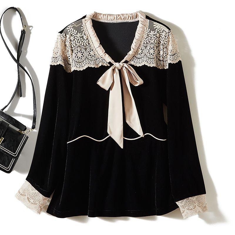 

More than 1,000 Yuan! Artistic Style Female Contrast Color Series Lead Loose Pleuche Shirt Spring & Fall Winter Wear Crocheted Flower Matching Outwear Black 2XL