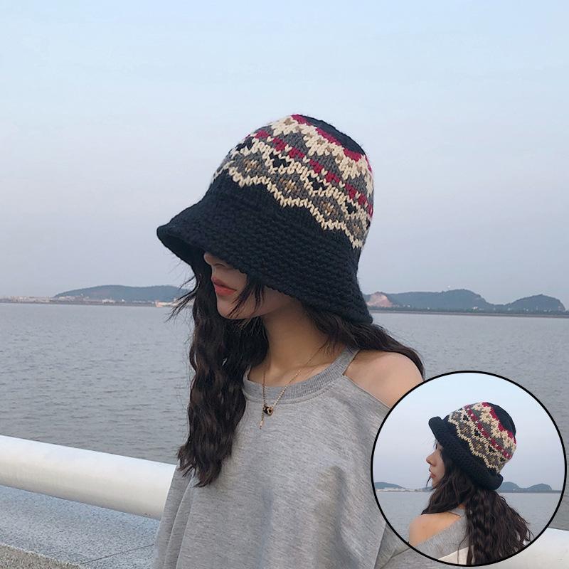 

Теплая шапка рыбака ручной работы, японская, с закругленным краем, универсальная, вязаная женская, осенне-зимняя, из грубой пряжи, шапка-тазик 56-58CM чёрный