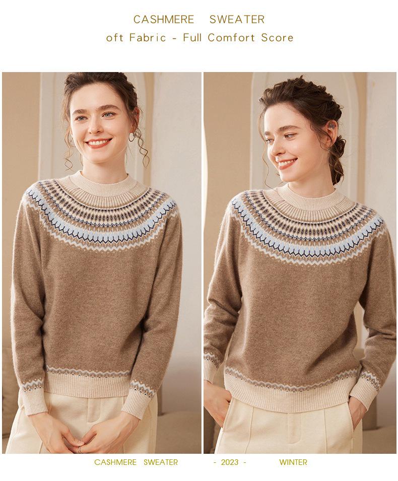 Women's Retro Ethnic Round Neck Cashmere Stripe Long-Sleeve Jacquard Base Layer Shirt