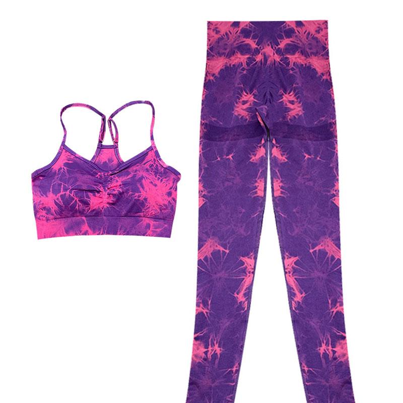 Women Yoga Set High Waist Leggings Seamless Tops Workout Sportswear Fitness Tie Dye Purple Tracksuit