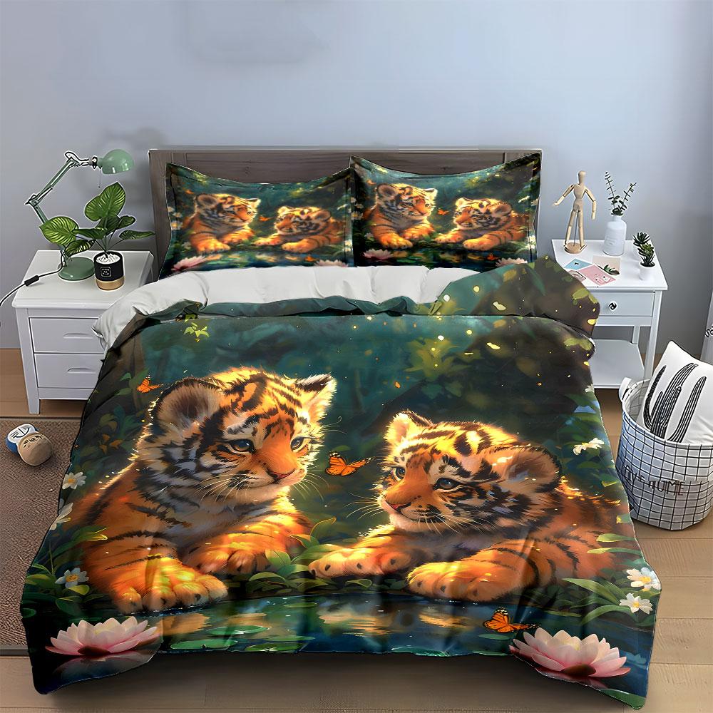 Tiger Cubs and Butterflies. Bedding Sets Duvet Cover Sets Duvet Covers Pillowcases(1 * Duvet Cover 2 * Pillowcases Without Duvet Insert)