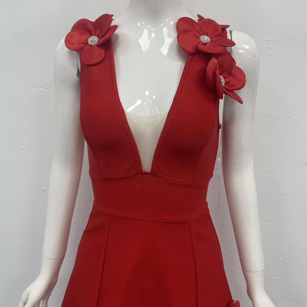 Women's European & American Style Deep V Floral Bandage Dress - Sexy Evening Gown & Short Dress