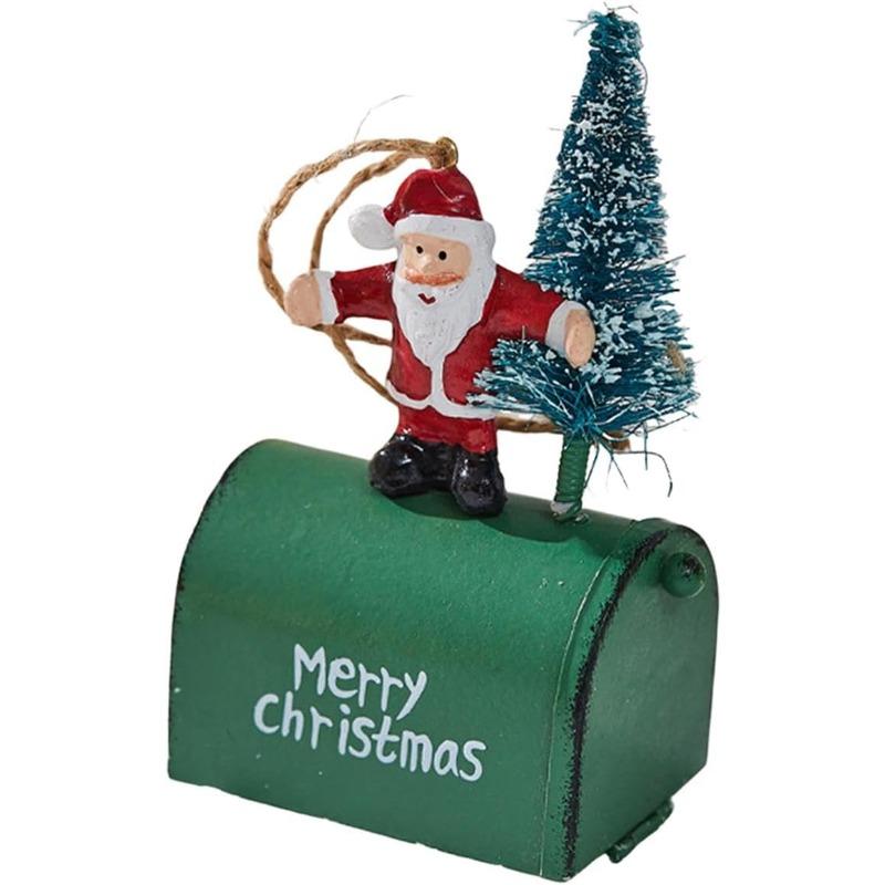Vintage Iron Metal Christmas Tree Hanging Ornament with Santa Claus Snowman and Reindeer Mailbox Design Festive Holiday Decor