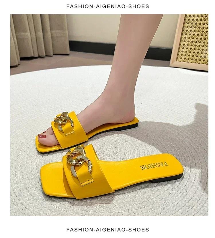 Summer Fashion Modern Slippers Women Flat Pleated Solid Leather Chain Decoration Rubber Sole Sexy Slides Ladies Summer Footwear