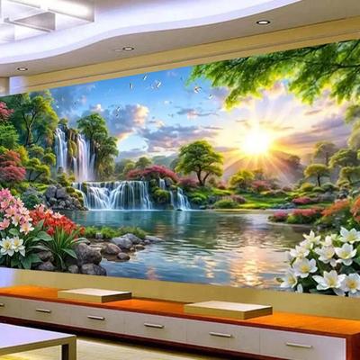 Bloeiende Bloemen DIY Mozaïek Schilderij Zonsopgang Waterval Landschap 5D Diamantkunst Vierkant Rond Strass Handgemaakte Kruissteek