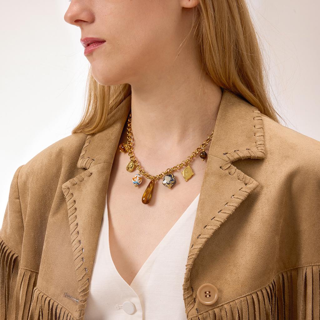 Youthway Resin Tiger Eye Stone Ceramic Flower Portrait Coin Pendant Necklace For Women 18K Gold Plated Stainless Steel Necklace