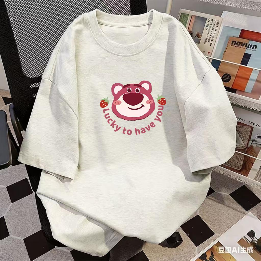 Girls Pink Cotton T Shirt Summer Cartoon Short Sleeve Round Neck Top For Big Kids Fashionable Casual Tee
