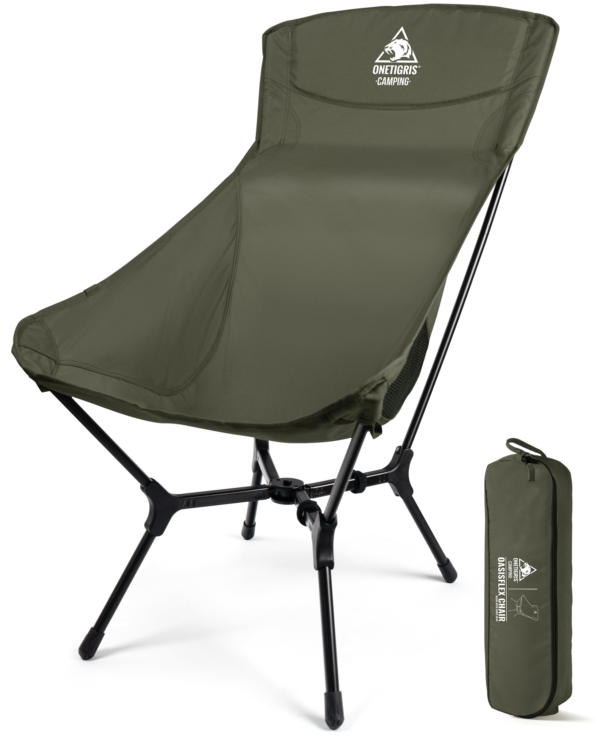 

OneTigris OASISFLEX Folding Camping Chair Easy 150kg Weight Lightweight Aluminum Side Storage Bag Included High-Back - Assembly, Capacity, Frame, зелёный